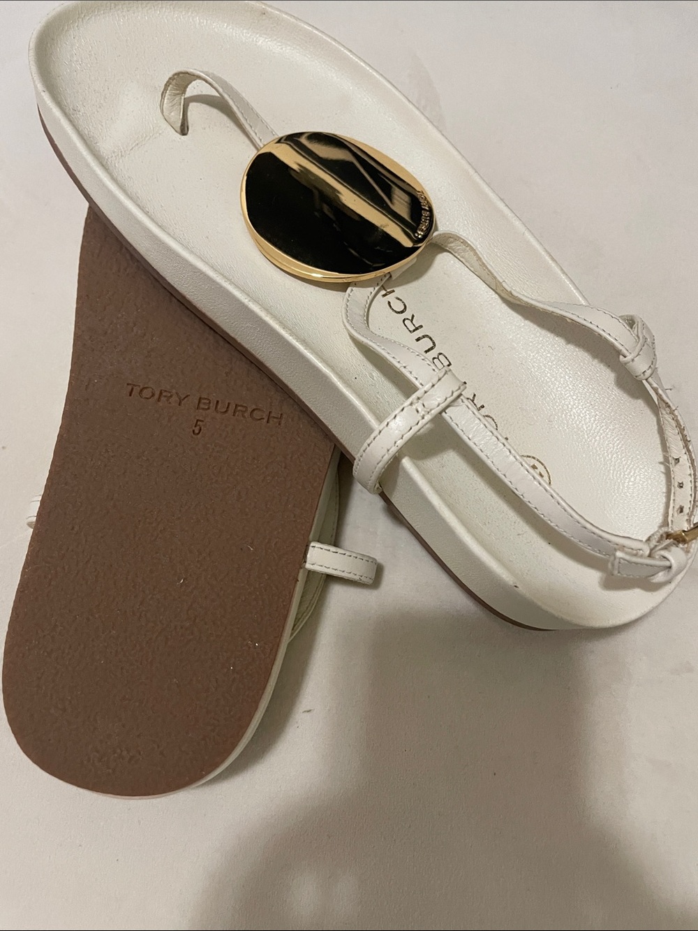 Tory Burch White Leather Thong Sandals with Gold